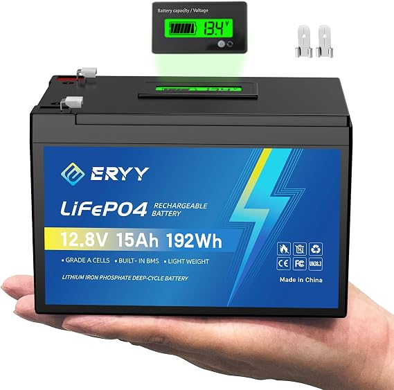 12V 15Ah LiFePO4 Lithium Battery with BMS and LCD Voltmeter