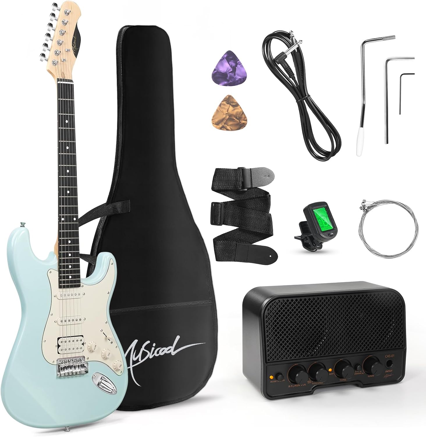 Musicool 39インチ エレキギター スターターキット - HSS Pickups ソリッドボディ エレキギター アンプ、バッグ、デジタルチューナー、ストラップ、弦、ケーブル、ピック、初心者向けギフトオリンピックブルー