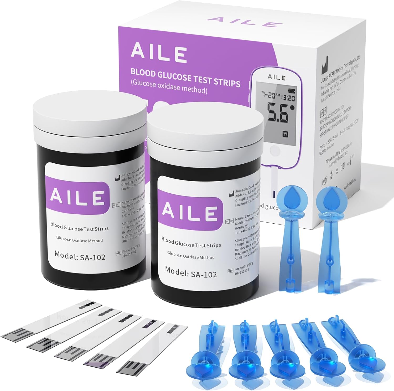 Blood Glucose Test Strips for Diabetics: AILE Blood Sugar Test Strips 50 PCS - 50 Lancets for Home Use - Only Use with AILE A608 Blood Glucose Monitor, Purple