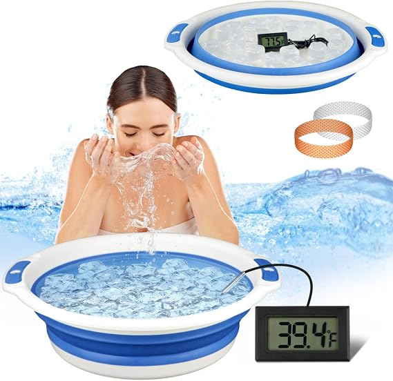 Facial Ice Bath Kit - Foldable Ice Bowl with Reusable Cubes for Cold Plunge (Blue)