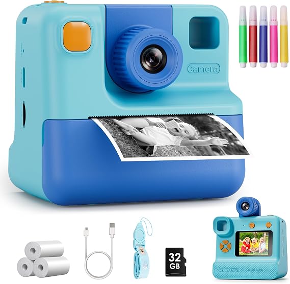 Kids Camera Instant Print, Christmas Birthday Gifts for Girl Boys 3-12 Years Old, FHD Selfie Digital Video Cameras Toddler 3 Rolls Print Paper & 32G Card (Blue)