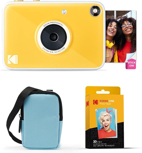 Kodak Printomatic+ Instant Print Digital Camera Starter Bundle + Carrying Case Blue + Zink 20 Pack Self-Adhesive Photo Paper - 10MP, Full Color Photos, GB LED Status Indicator - Yellow