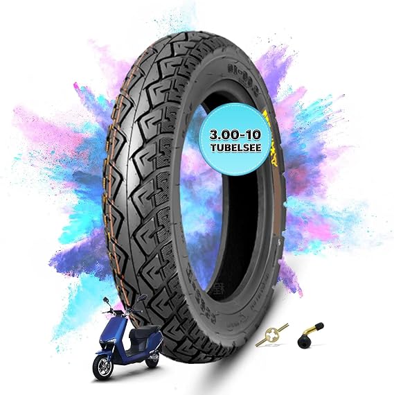3.00-10 Tubeless Scooter Tire 47J | Front/Rear 10" Rim with Lightning Crack Tread and Curved Valve Stem for E Scooter