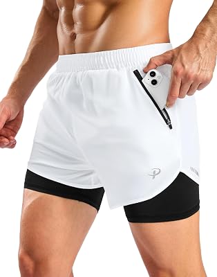 Pudolla Mens 2 in 1 Workout Running Shorts 5 with Zipper Phone Pockets Quick Dry Gym Athletic Shorts with Compression Liner