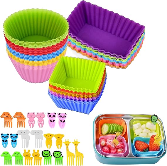 60 Pcs Silicone Lunch Box Dividers bento box accessories Silicone Cupcake Liners,Bento Lunch Box Dividers with Food Picks for Lunch Containers