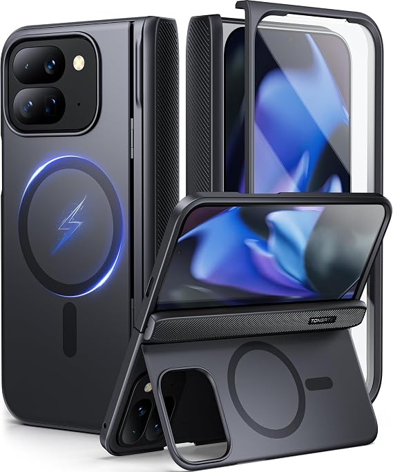 TONGATE for Pixel 9 Pro Fold Case with Kickstand, Rugged Google 9Pro Fold Phone Case Built in Screen Protector & Hinge Protection Large Horizontal Stand Slim Case for Google Pixel 2 2024, Black