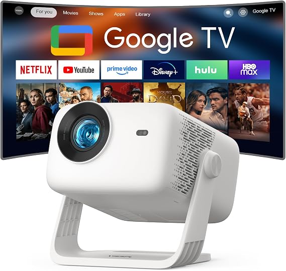 Google TV & 3500ANSI & 4KSmart Projector with WiFi and Bluetooth, VISSPL AI Auto Focus & Auto Keystone Portable Outdoor Overhead Projector, Movie Home Theater Gaming Projectors for Bedroom Ceiling