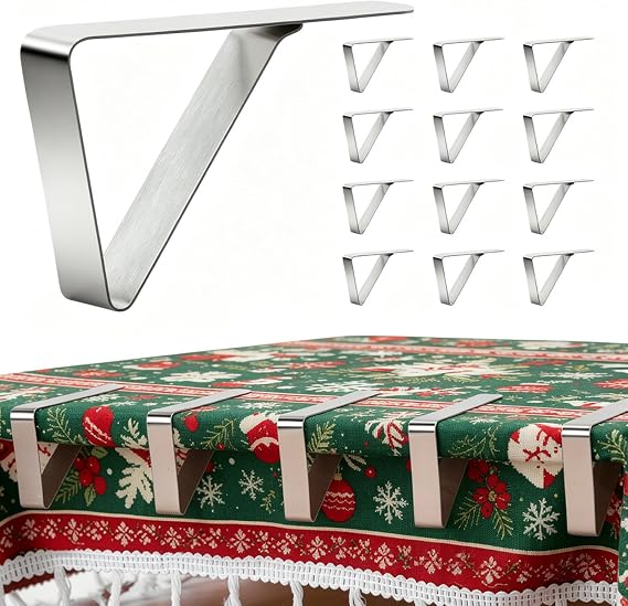 12 PCS Metal Tablecloth Clips Holder Securing Outdoor & Indoor Table Cloth | Windproof & Waterproof & Rustproof Stainless Steel Table Cover Clamps for Party, Picnic Camping, Wedding, Christmas, New Year