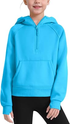 JOCMIC Girls Hoodies Half Zip Cropped Fleece Sweatshirts with Thumb Hole Kids Fall Winter Clothes
