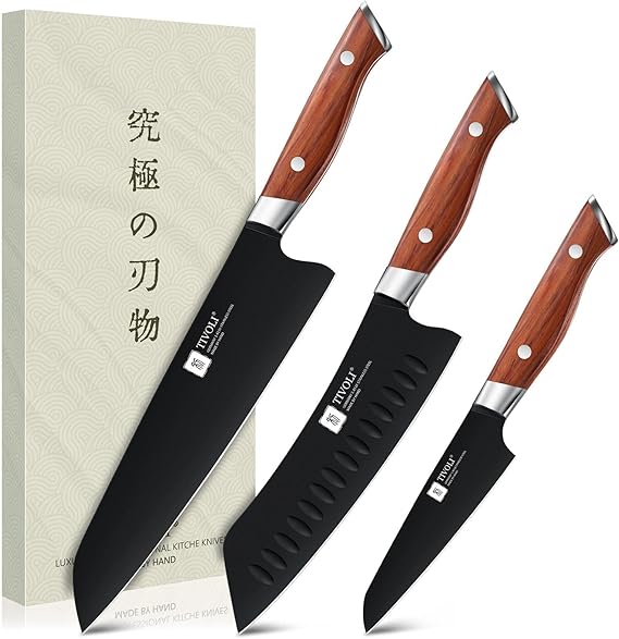 TIVOLI 3 PCS Santoku Knife Set - Chef Knife Set with Ergonomic Wood Handle