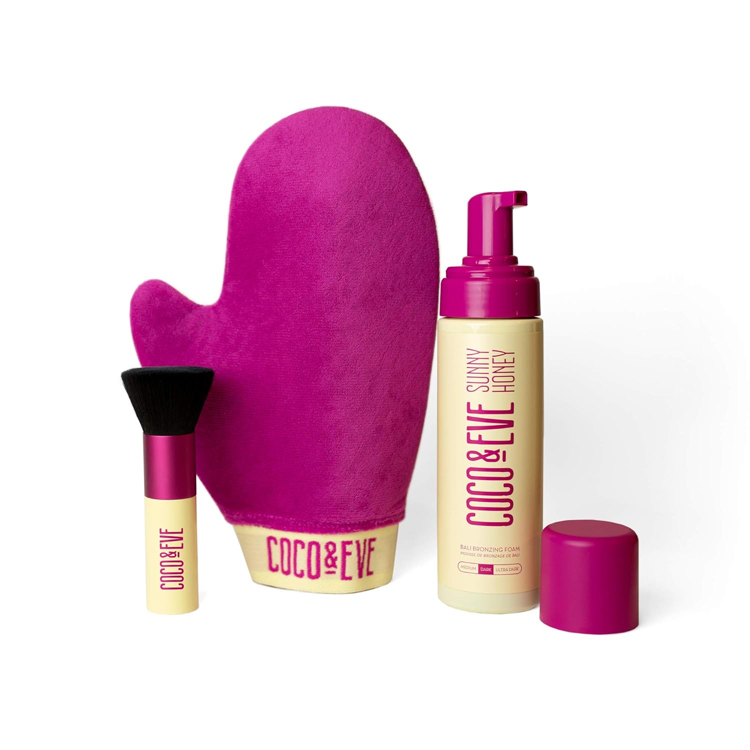 Coco & Eve Self Tanner Foam Bundle - (Medium) Streak-Free Sunless Tanning Mousse, Included Mitt Applicator & Kabuki Brush, Vegan, Cruelty Free | Sunny Honey Bali Bronzing