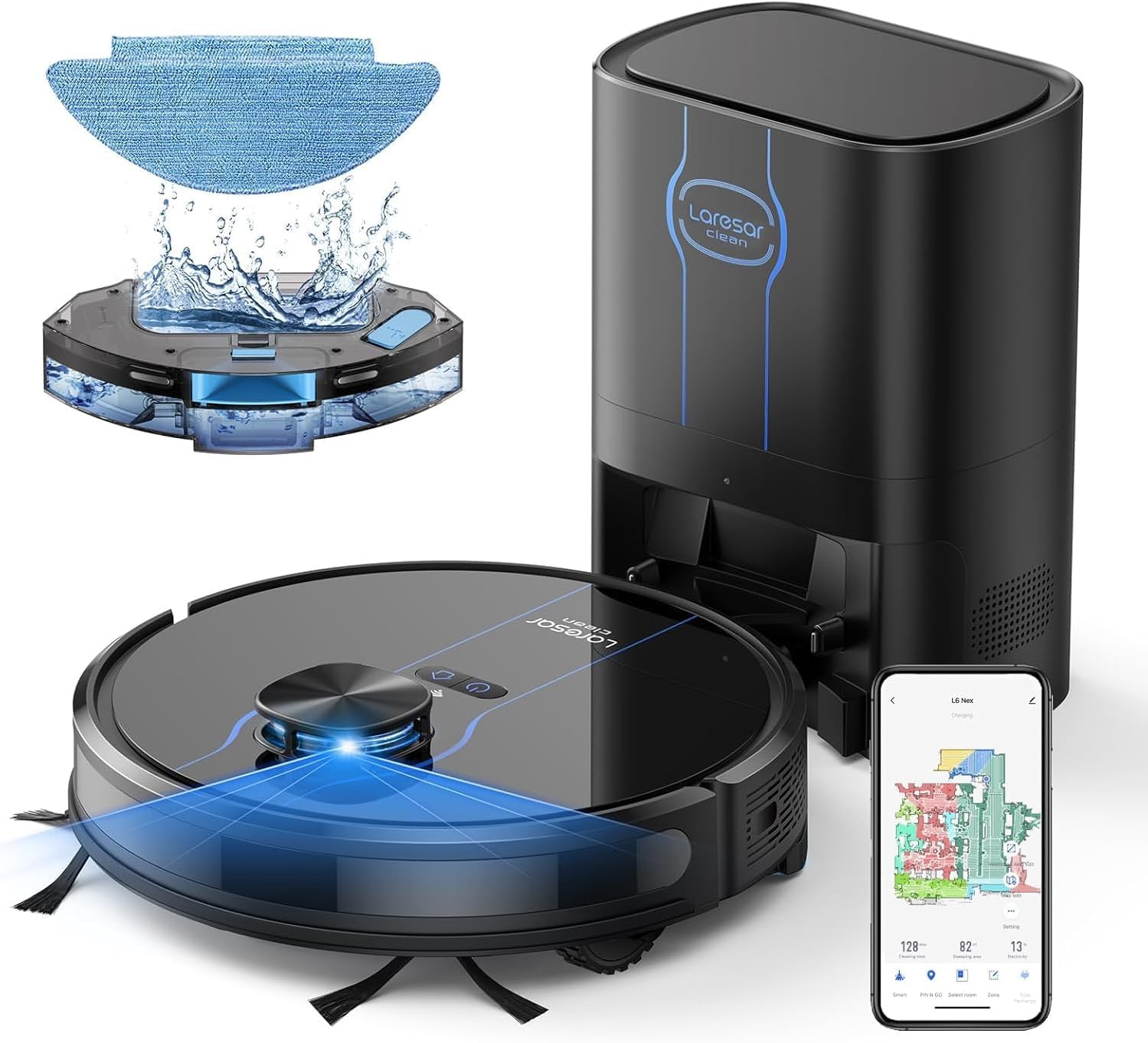 Laresar Clean Robot Vacuum Cleaner with Mop L6 Nex, 8,000Pa Robot Vacuum with Lidar Navigation, 3.5L Self-Emptying Robotic Vacuums, Up to 180-Min Runtime, Ideal for Pet Hair, Carpets & Hard Floors