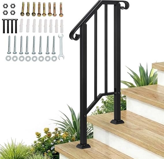 Outvita Handrails for Outdoor Steps, Black Wrought Iron Fits 1 Step