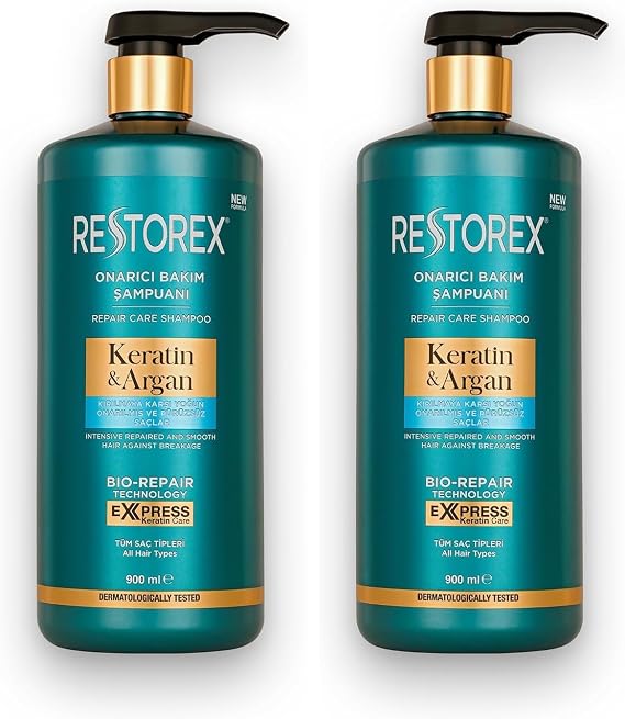 Restorex Keratin & Argan Onarıcı Saç Bakım Şampuanı 900 Mililitre, Yıpranmış ve Hasar Görmüş Saçlar (2 paketi)
