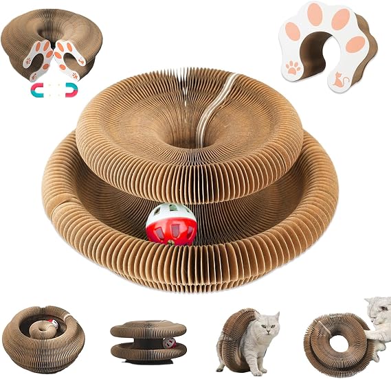 Kitty Curls Cat Toy, Magic Organ Cat Interactive Scratcher Cardboard with Bell Ball, Foldable & Changeable Accordion Shape Exercise Anxiety Relief Toy for Indoor Cats (1PCS)