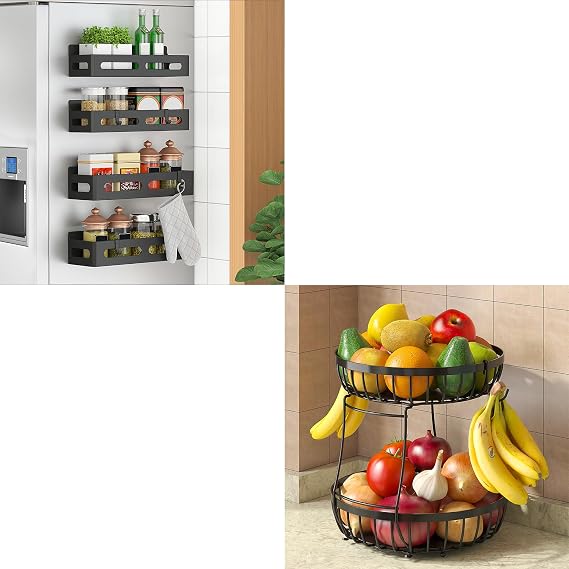 Sevenblue 2 Tier Fruit Basket for Kitchen Counter with 2 Banana Hangers, 4 Pack Magnetic Spice Rack for Refrigerator,Black