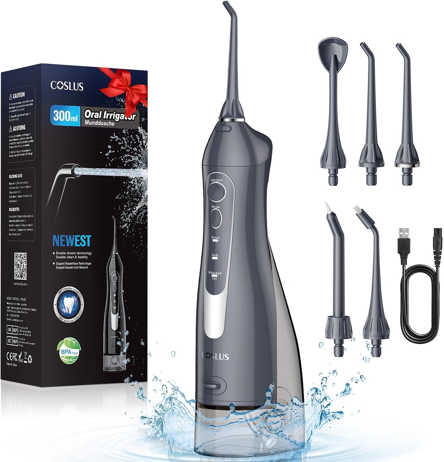 COSLUS oral irrigator Wireless Trragba Electric: 300ML water tank test winner 2025 IPX7 Waterproof for Oral Health Enthusiasts Daily deep cleaning Cleaning while traveling 5 Multifunctional Jet Tips