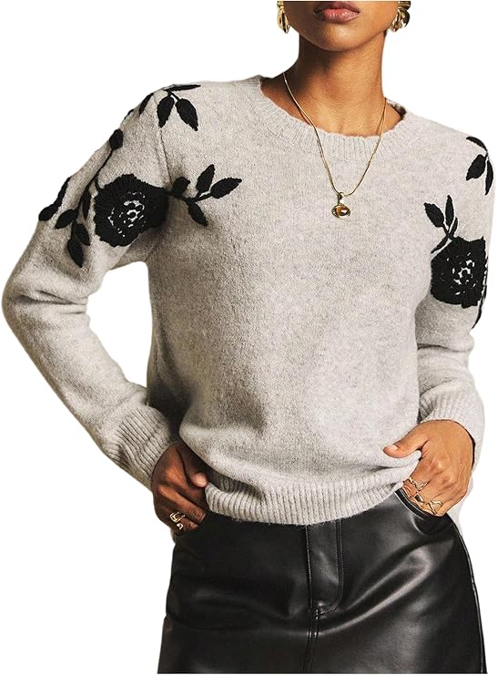 BEAUDRM Women's Floral Print Sweater Crew Neck Long Sleeve Ribbed Knit Pullovers Fall Winter Outfits