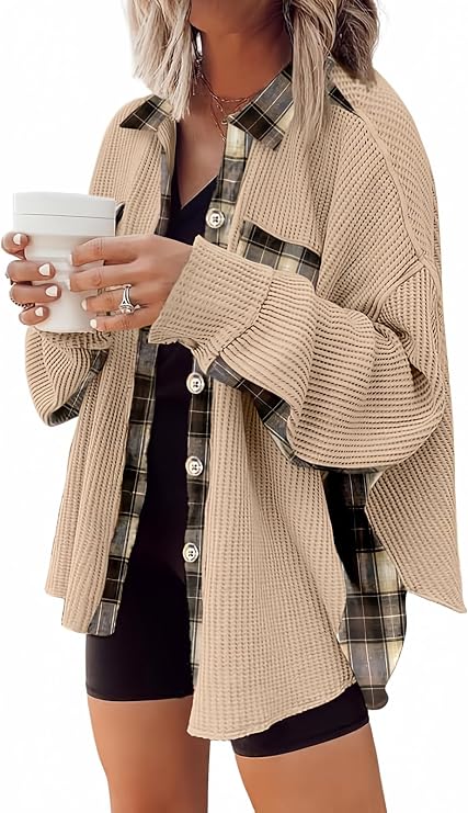 SHEWIN Womens Waffle Knit Plaid Shacket Lightweight Jacket Button Down Flannel Shirt Long Sleeve Tops