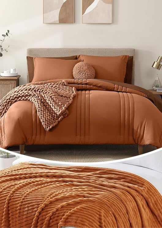 Monbix 7 Piece Solid Comforter Sets and Fleece Throw Blanket Bundle