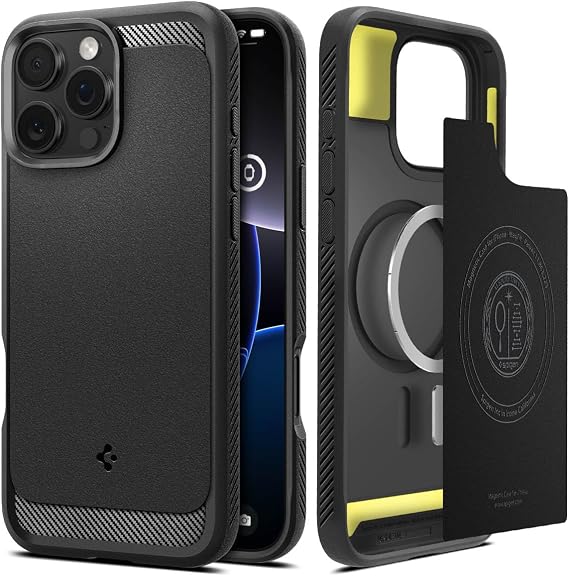 Spigen iPhone 16 Pro ile Uyumlu MagSafe Kılıf Rugged Armor Mag Fit Üst Düzey Koruma Siyah Karbon Kapak - ACS08115 (Spigen TR Garantili)