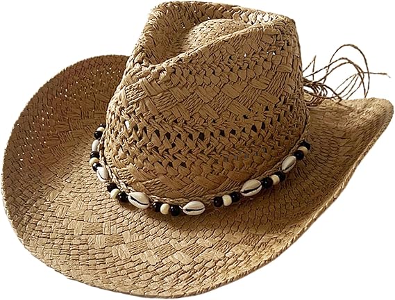 Straw Hats for Men|Straw Cowboy Hat Sun Protection Wide Brim Cowgirl Hat Breathable Roll up Western with Beads String Adorn Sun for Summer Beach Vacation Khaki