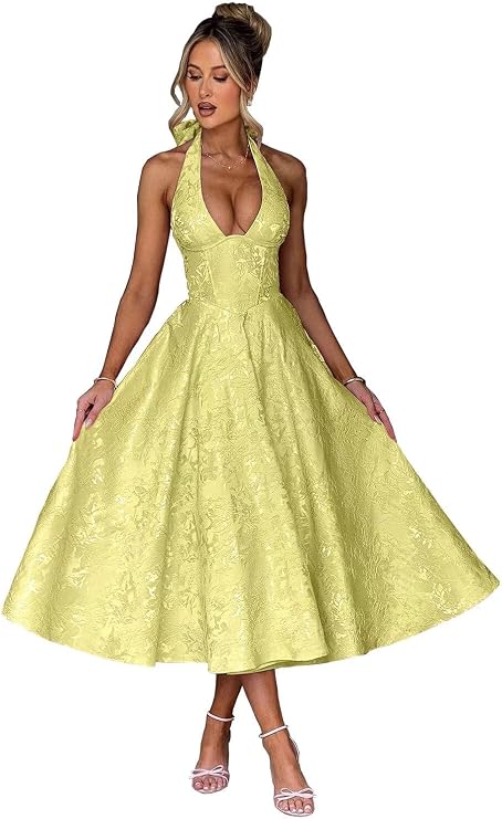 UZN Halter Tea Length Prom Dresses 2026 Jacquard Satin | Deep V-Neck A-Line Formal Evening Party Gowns
