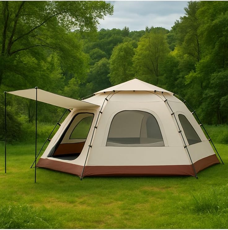 8-10 Kişilik Tam Otomatik Altıgen Kamp Çadırı Tenteli, Su Geçirmez, Hızlı Kurulum 280X280X160 Cm Tek Ebat Bej