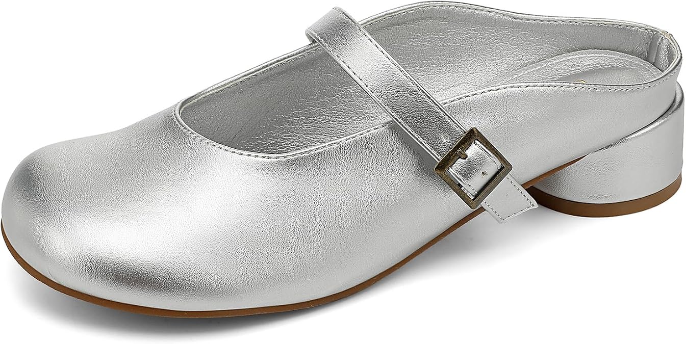UBFEN Womens Mary Jane Mules Slip On Dressy Slides Chunky Low Heel Comfortable Round Toe Shoes
