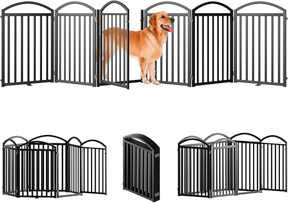 SNUOWU 6 Panels Full Matel Freestanding Dog Gates with Door, 144"Extra Wide 32"Tall Free Standing Dog Pet Gate for Indoor & Outdoor. Foldable Pet Fences for Doorways, House, Stairs, Porch, Deck, Yard