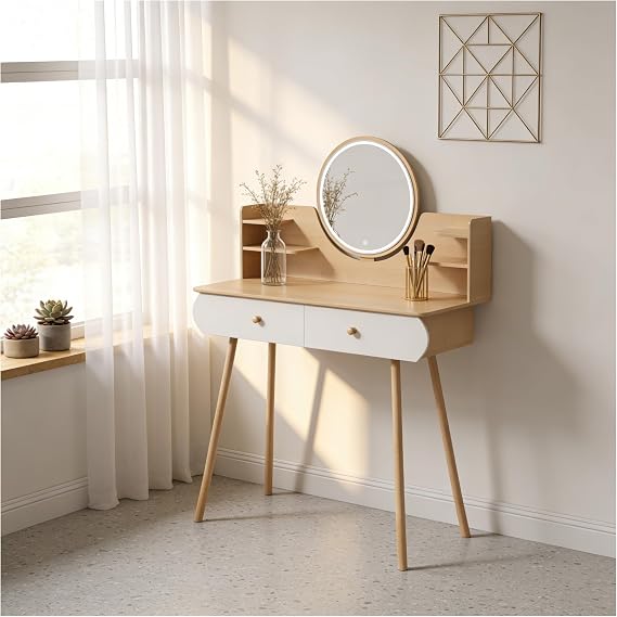 Small Vanity Desk, Makeup Vanity Desk with Lights and Round Mirror, Girls Vanity Dressing Table with Storage Drawers for Bedroom Wooden Dressing Table for Small Spaces