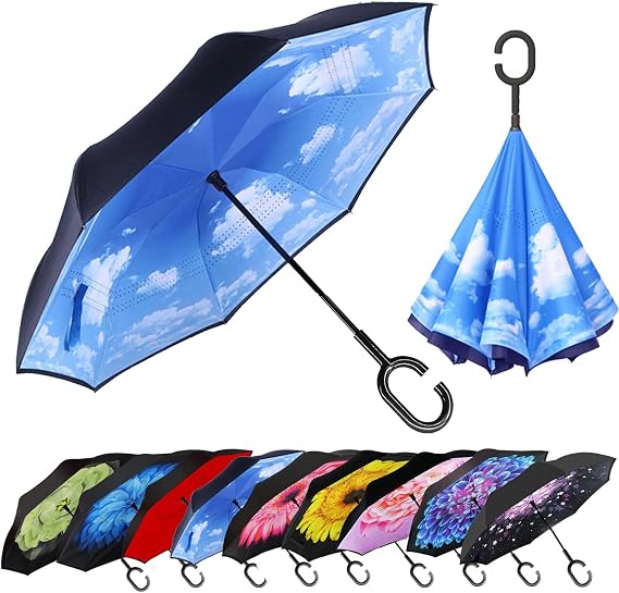 MRTLLOA 40/49/56 Inch Oversize Windproof Inverted Reverse Upside Down Umbrella, Golf Size Rain Umbrella, Double Layer, C-Shaped Handle for Men, Women and Kids