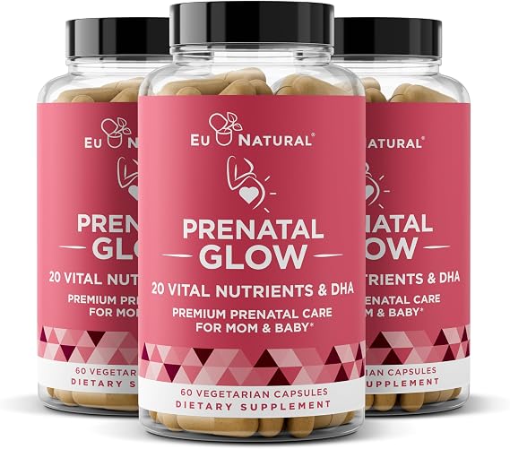 Glow Prenatal Vitamins for Women 3-Pack Bundle - 20-in-1 Vital Nutrients for Healthy Pregnancy and Fetal Development - Folic Acid & Vegan DHA For Baby's Growth & A Comfortable Pregnancy - 180 Capsules