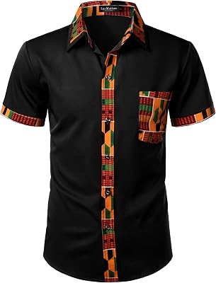 LucMatton Mens Kente Print Short Sleeve Button Down Dress Shirt African Attire Tribal Graphic Dashiki Shirts