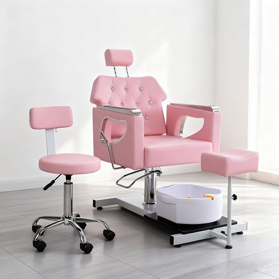 Pedicure Chair No Plumbing, 360 Swivel Hydraulic Reclining Pedicure Chair with Foot Spa & Adjustable Footrest, for Nail Tech, Spa (Pink)