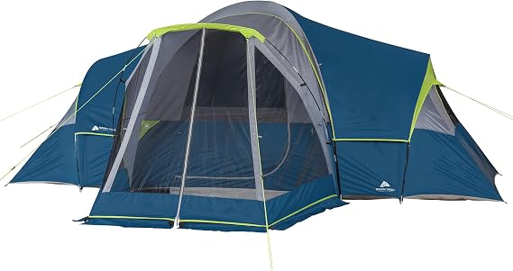 Dome Tent Ozark Trail 10-Person Family Camping Tent with 3 Rooms and Screen Porch, blue