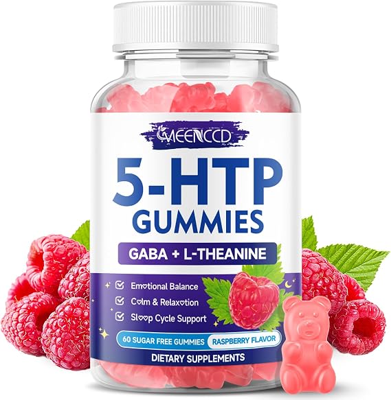 5-HTP Gummies 300mg, 5-HTP Supplement with 200mg L-Theanine & 50mg GABA | GABA Supplements for Brain Support, Sugar Free, Raspberry Flavor, 60 Count