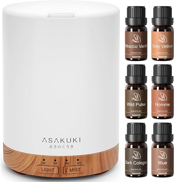 ASAKUKI Essential Oil Diffuser Set 300ml Cool Mist Humidifier with 6 Masculine Essential Oils Dark Cologne, Tobacco Vanilla, Vetiver, More for Home, Humidifier