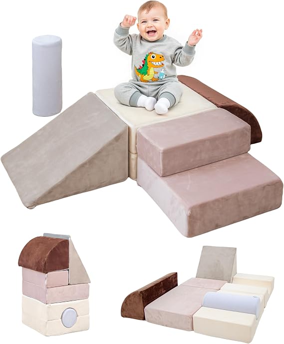 BanaSuper Soft Play Climbing Blocks for Toddlers, Indoor Foam Play Set for Baby Motor Skills Development, Toddler Obstacle Course with Step, Ramp and Cylinder, Montessori Gym Toys, EN71 Safety, Blue