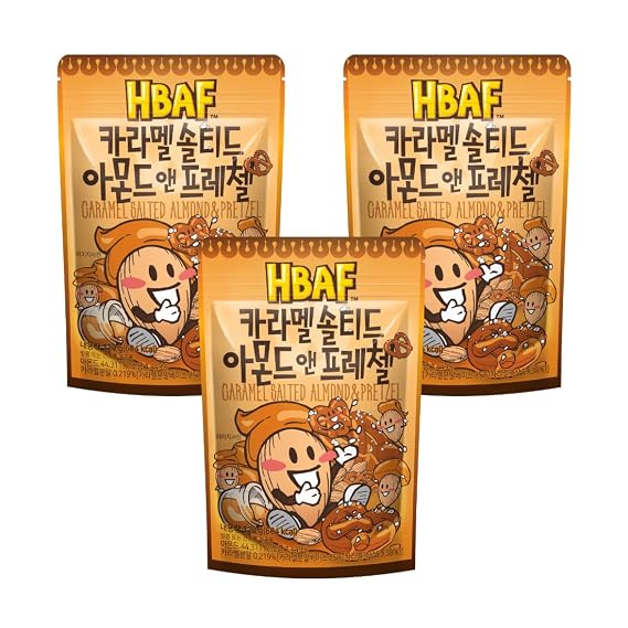 [HBAF] Korean Salted Caramel & Pretzel Almonds Nut Protein Snack | After-School, Lunch, Office, Work, Trip Camping Snack | Pre-workout Snack | Healthy Snacks | Korean Souvenir (Caramel Pretzel 3x120gram)