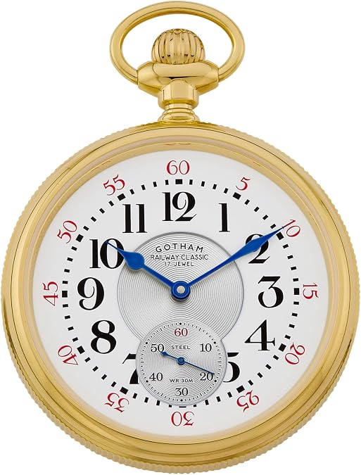 Gotham Men's Gold Plated Stainless Steel Mechanical Hand Wind Railway Classic Nostalgia Series Pocket Watch # GWC14117G