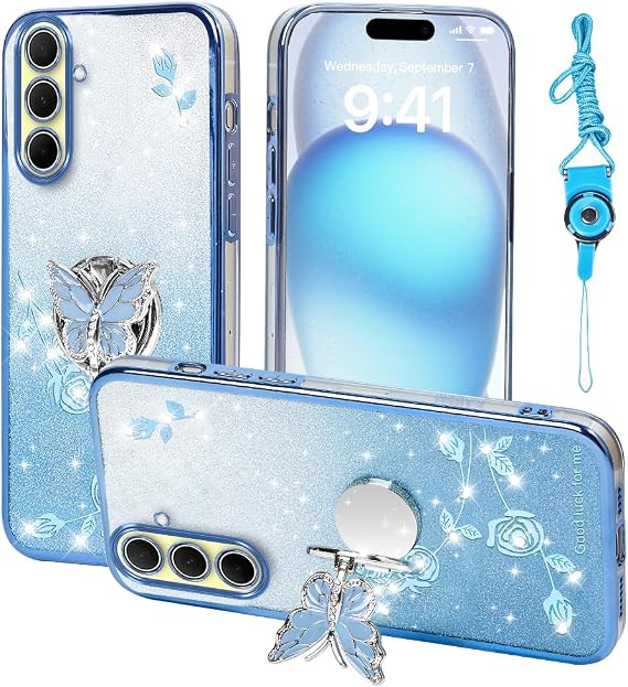 for Samsung Galaxy A35 Phone Case,for A35 Mobile Phone Case for Women and Girl, Glitter Butterfly Floral TPU Protective Cover with Kickstand+Strap for Samsung A35 (Blue)