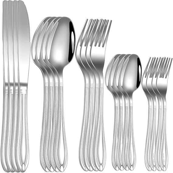 Vilihkc 20-Piece Stainless Steel Flatware Set - 18/10 Rustproof Silverware for 4 (5-Piece Setting) | Dishwasher Safe, Ergonomic Grip | Wedding & Household Cutlery Set in Gift Box
