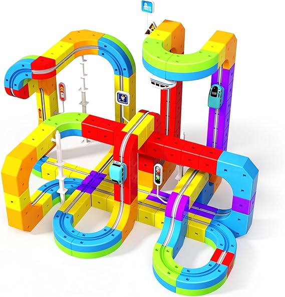Electric Train Set for Kids, 110PCS 3D Racing Track Sets with Electric Train, Traffic Signs, STEM Train Toys Birthday Gifts for Boys and Girls Age 3+ Years Old