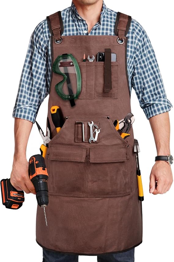 Woodworking Apron for Men, Shop Apron Bib Work Apron with 9 Tool Pockets | Heavy Duty Wood Working Workshop 20 oz Canvas Apron for Carpenter Woodworker Blacksmith, Men Gift, Adjustable to S- 3XL Brown