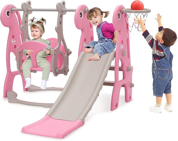 Kids Slide & Swing Set with Basketball Hoop, Height Adjustable Swing, Pink