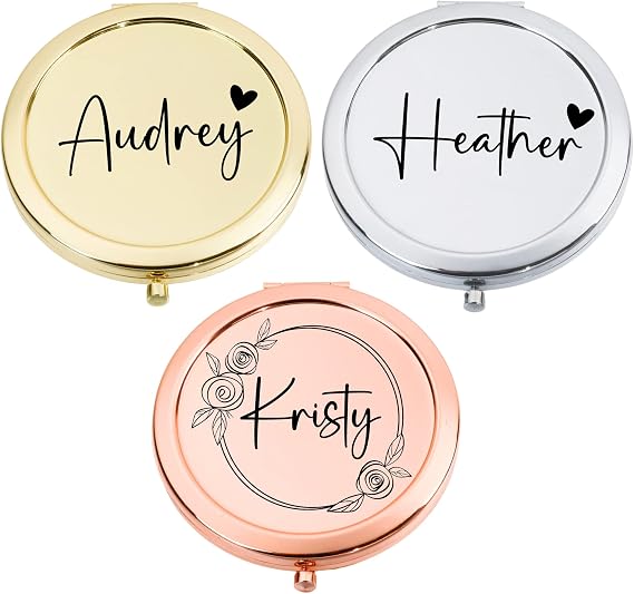 Mostop Personalized Compact Mirror, Laser Engraved Pocket Makeup Mirrors, Custom Gift for Woman Girl Bridesmaid Friend Mother Christmas