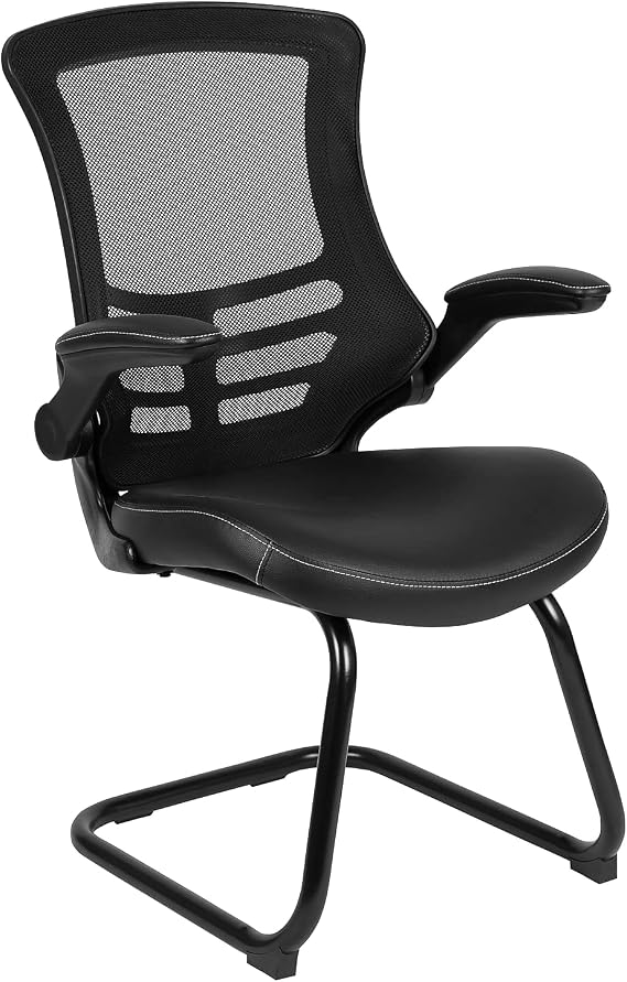 Flash Furniture LeatherSoft Reception Chair, Black | Flip-Up Arms, Sled Base, Mesh Back