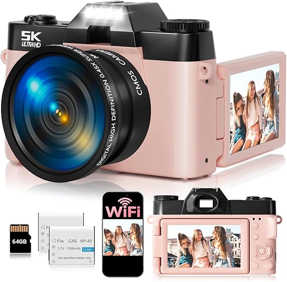 5K Digital Camera for Photography,UHD 75MP WiFi Vlogging Camera for YouTube,Compact Camera with 3" 180Flip Screen,64GB SD Card,16X Digital Zoom,2 Batteries,Perfect for Beginners and Teens,Pink