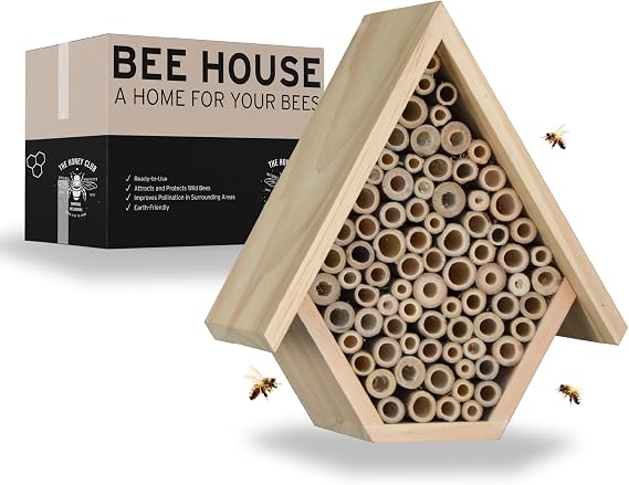 Wooden Bee House and Bee Hotel for Your Garden or Orchard, Attracts Pollinators: Mason Bee and Leafcutting Bees